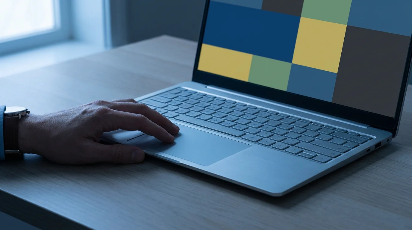 Eye-level photo of hands interacting with a color-coded digital calendar on a laptop during blue hour.