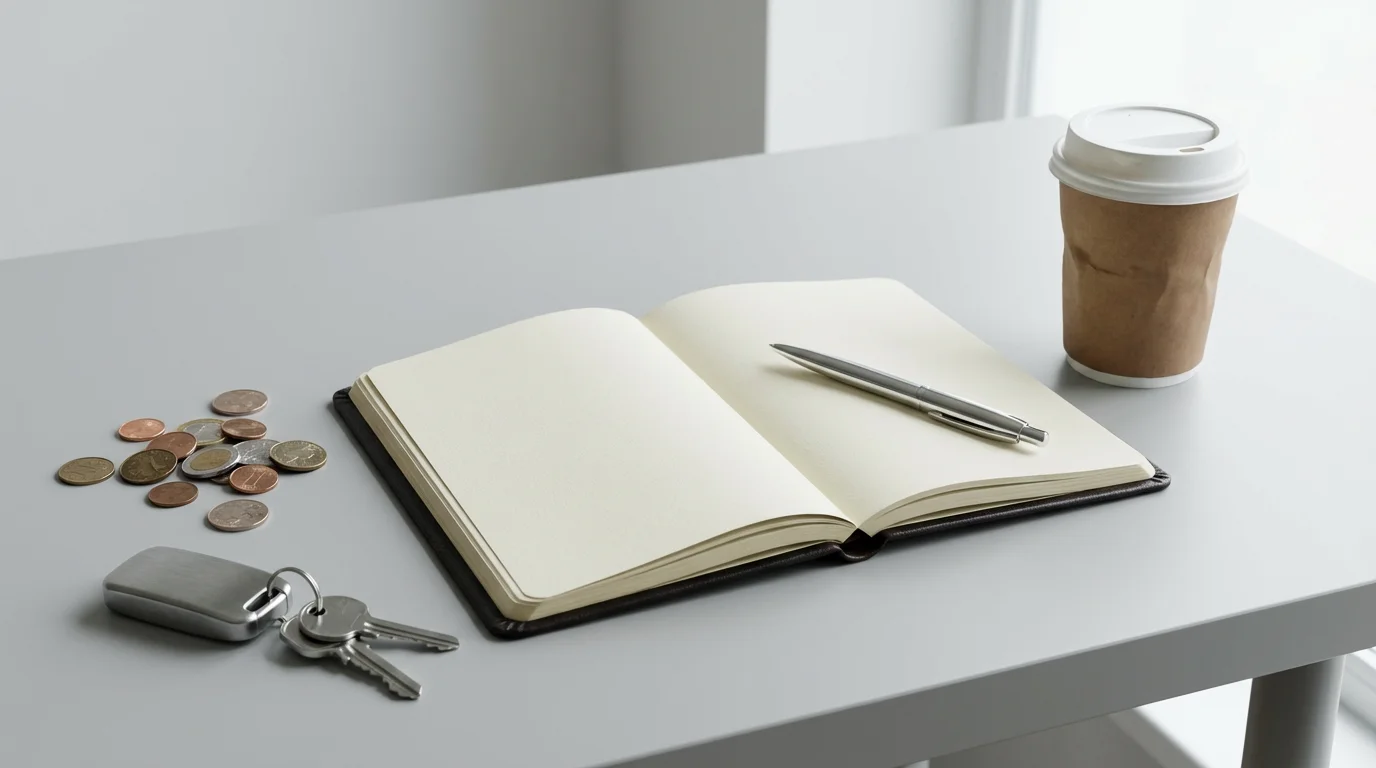 Eye-level photo showing a planner, pen, keys, coffee cup, and coins on a modern desk.