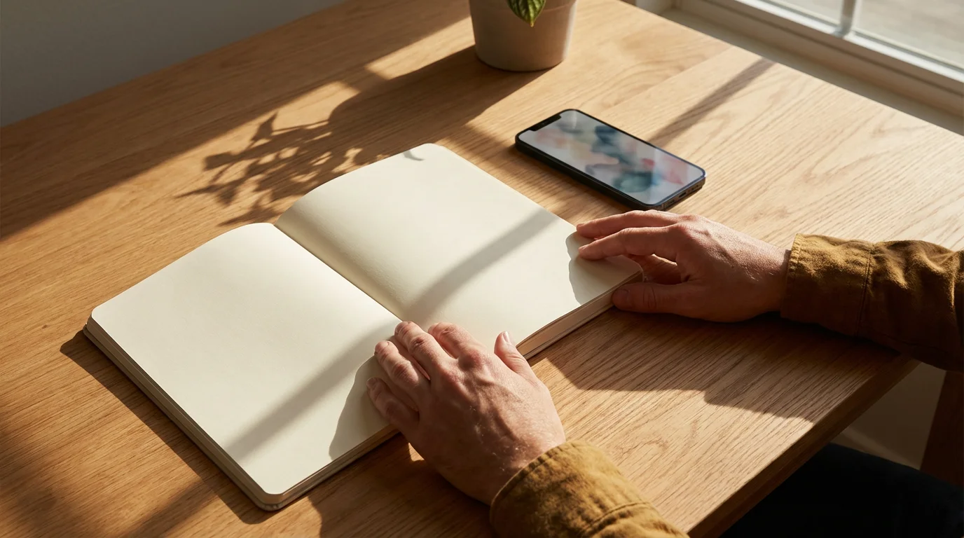 Eye-level photo showing hands resting near a clean open notebook and a dark smartphone under moody light.