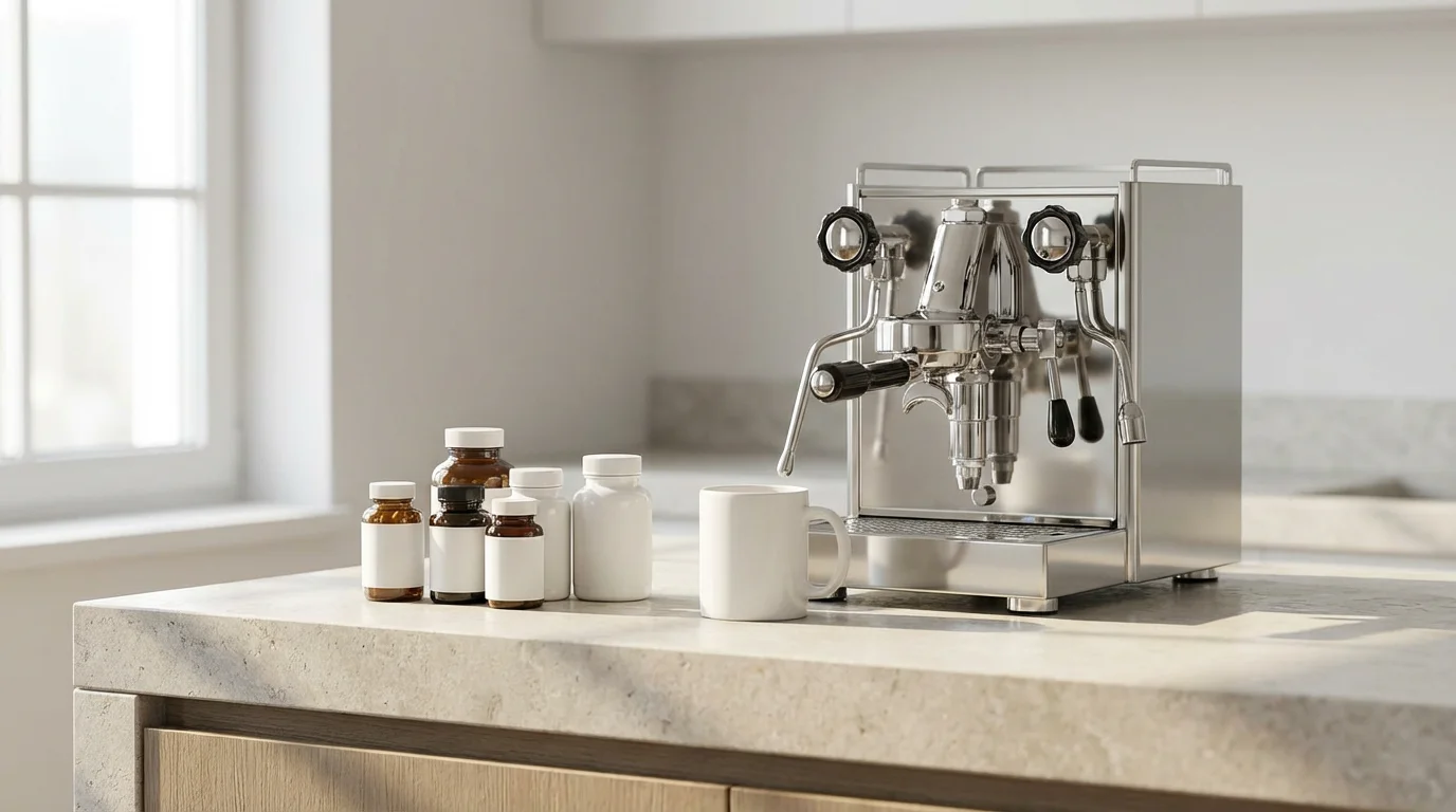 Eye-level photo showing morning habit stacking: a coffee maker visually linked to daily supplements.