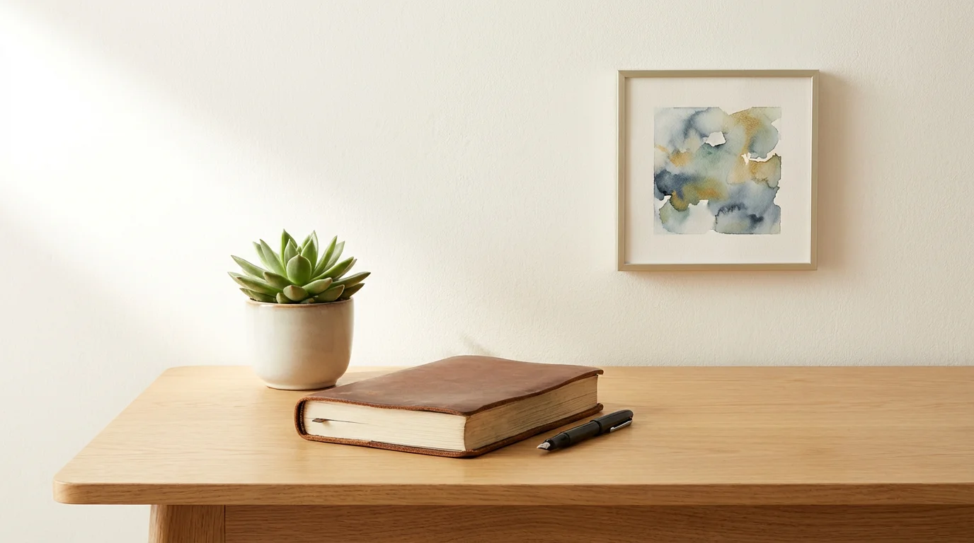 Eye-level photograph of a personalized desk with a succulent, leather journal, and framed abstract art.
