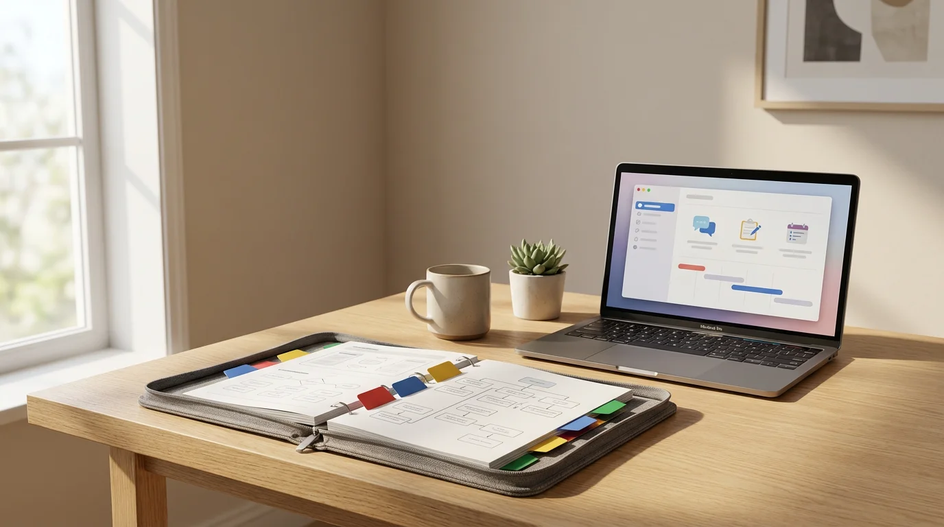 Eye-level photograph of a structured remote work desk with an open documentation binder and a laptop.