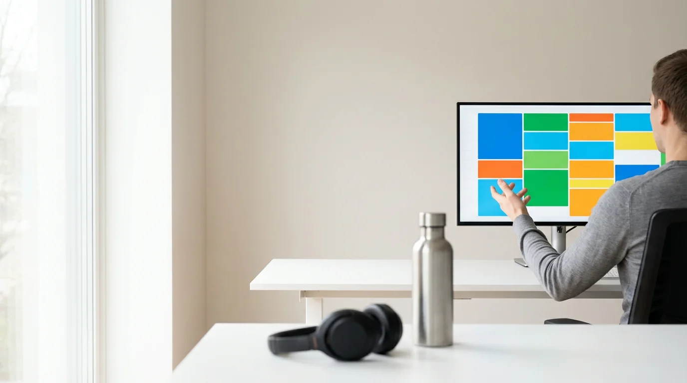 Eye-level photograph showing time blocking on a digital calendar in a clean, minimalist workspace.