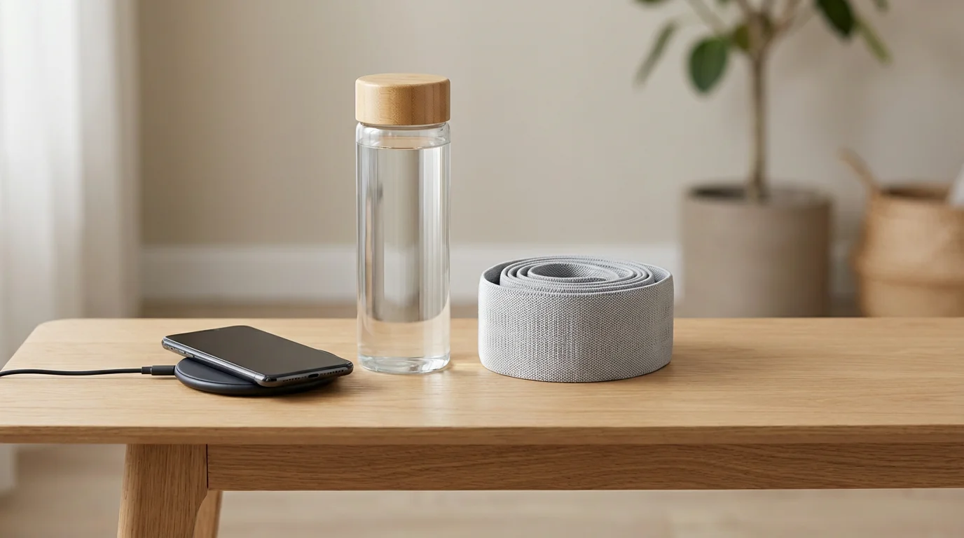 Eye-level shot of a structured habit stack sequence: charging phone, water bottle, and resistance band.