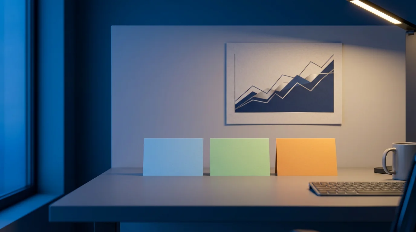 Eye-level shot of three color-coded tracking cards aligned on a desk next to an abstract progress chart under cool blue hour lighting.