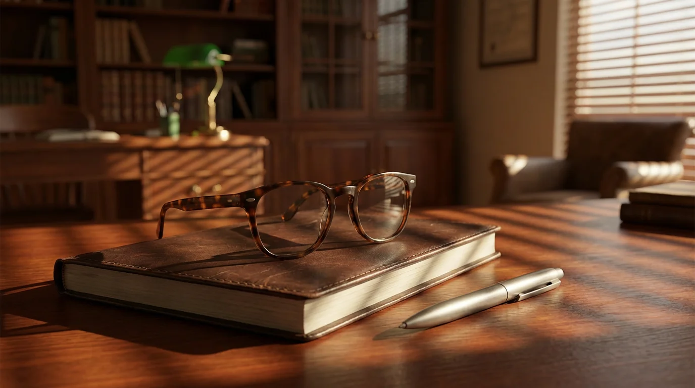 Eyeglasses resting on a closed leather notebook with dramatic afternoon shadows.