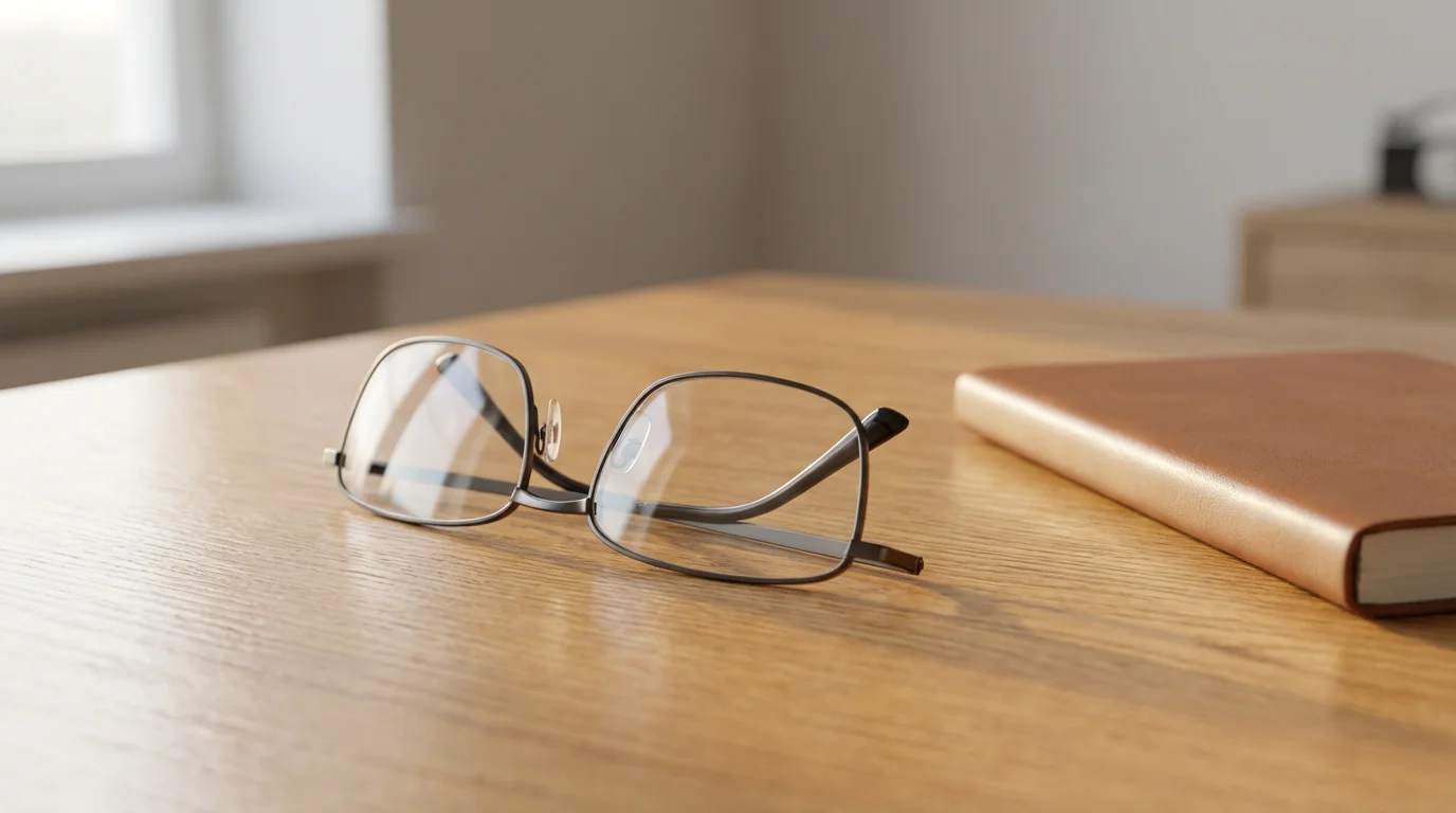 Eyeglasses resting on a wooden desk next to a closed notebook in natural light
