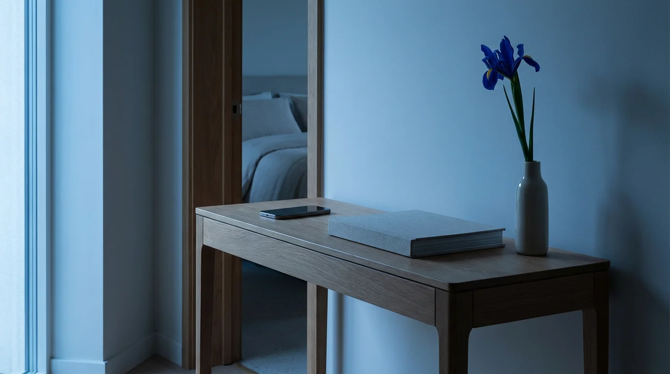 Face-down smartphone on a hallway table signaling a screen-free bedroom during blue hour.