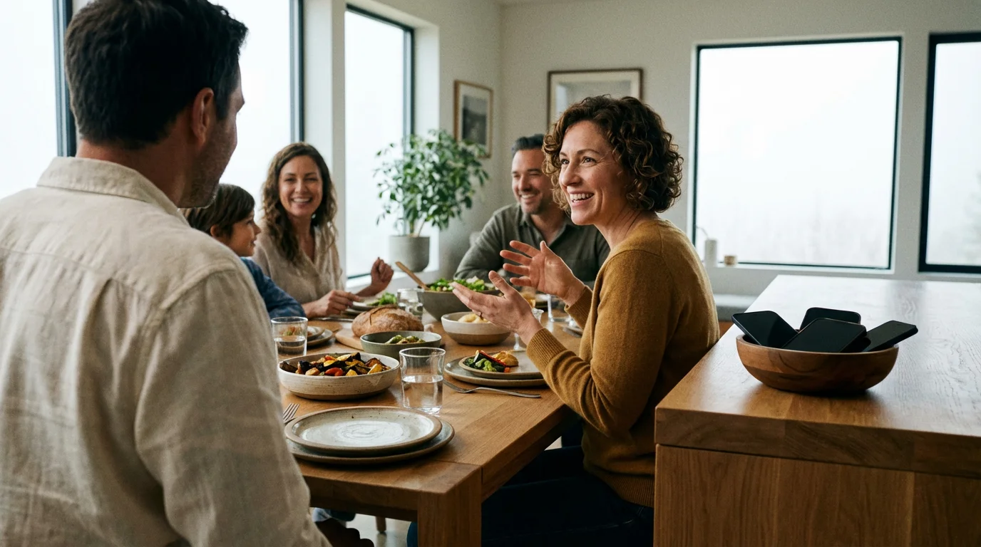 Family eating dinner at a table free of cell phones focusing on conversation.