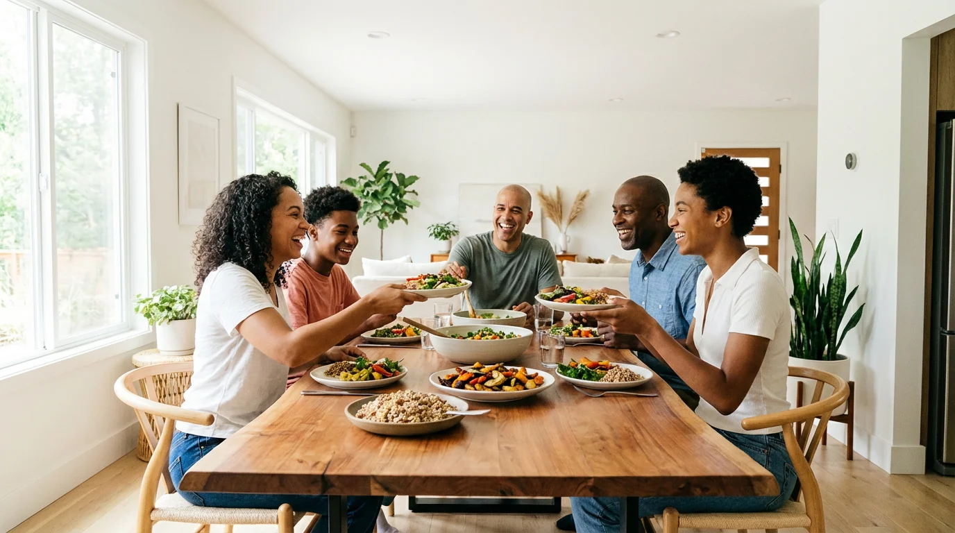 Family enjoying a mindful, tech-free meal together at a sunlit modern dining table.