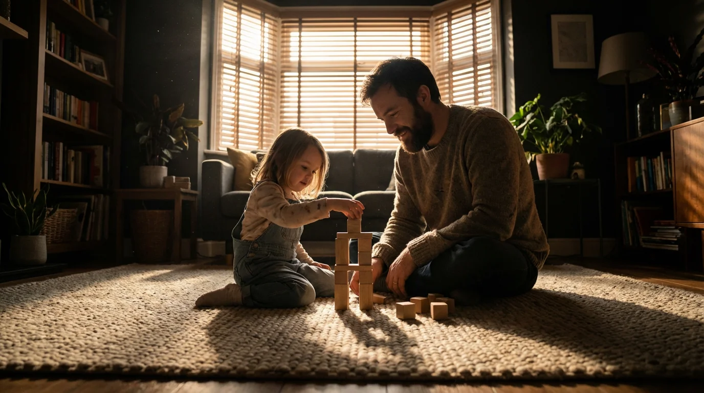 Father and daughter playing with blocks on floor in moody afternoon sunlight.