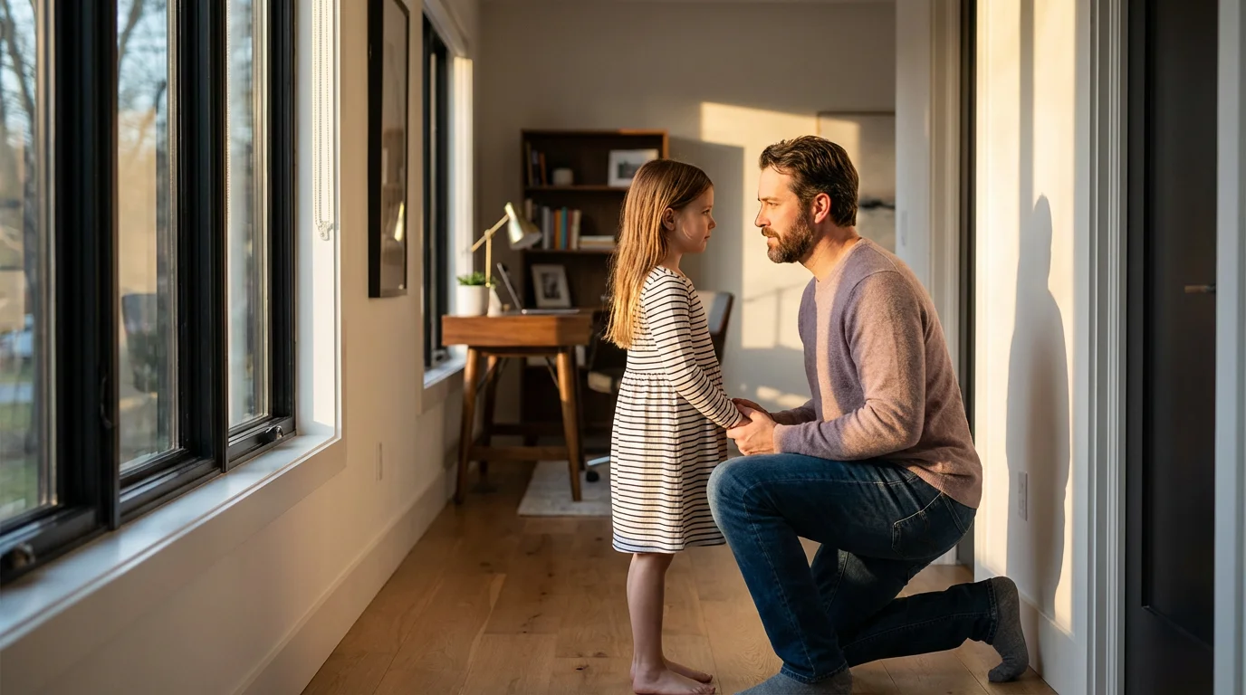 Father kneeling to speak face-to-face with daughter in a sunlit hallway about boundaries
