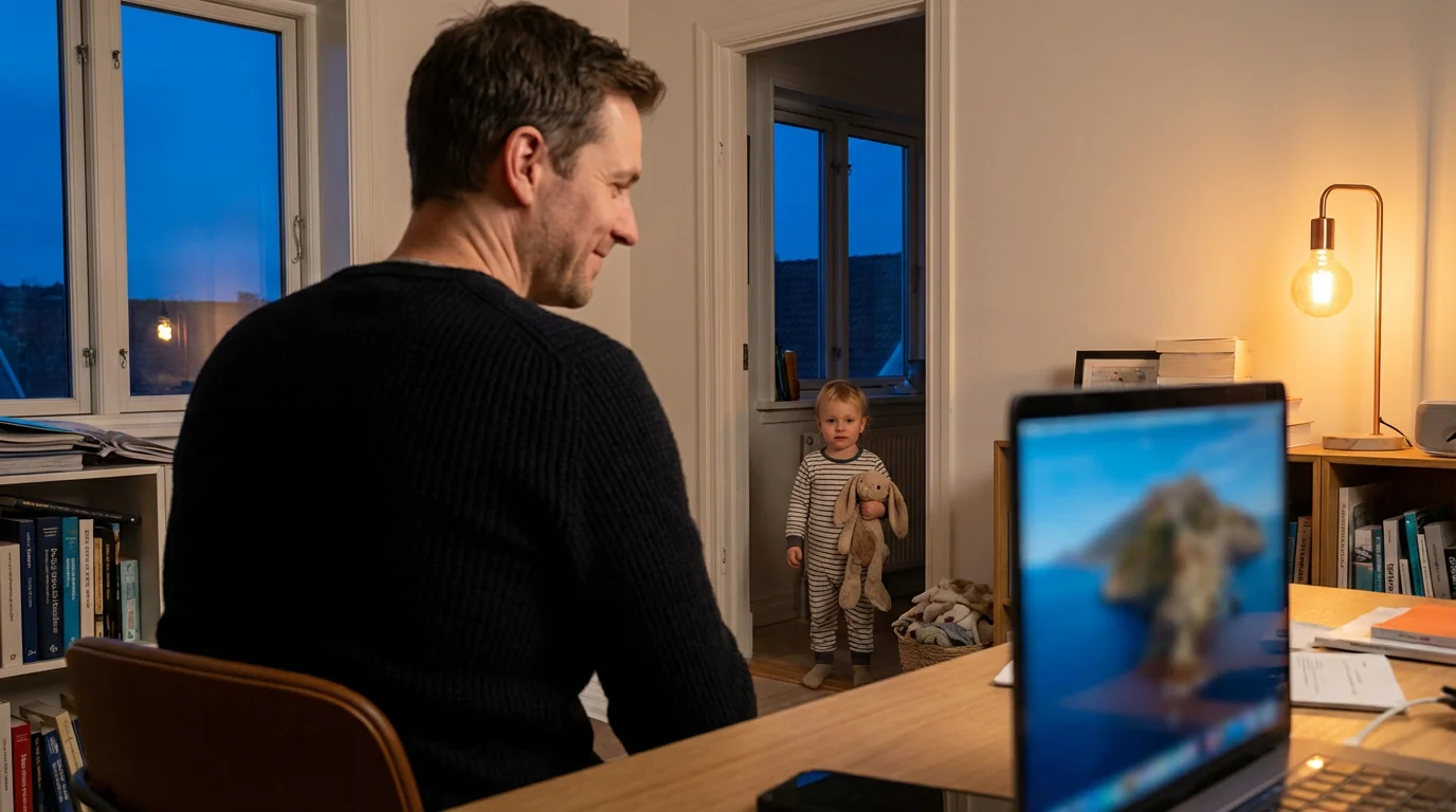 Father working late at home office looking at toddler in doorway during blue hour.