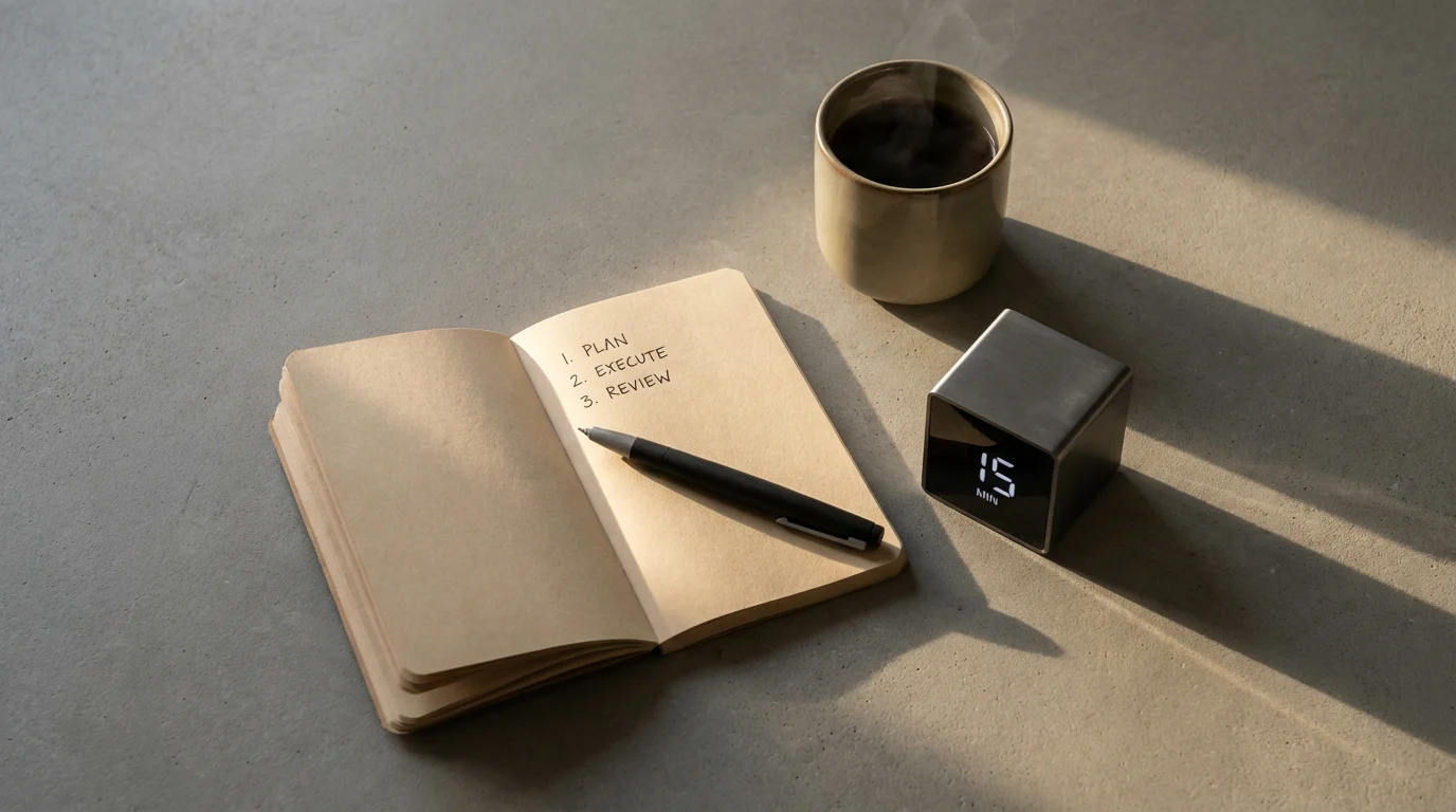 Flat lay of a 15-minute starter pack: open notebook, pen, minimalist timer, and coffee mug.