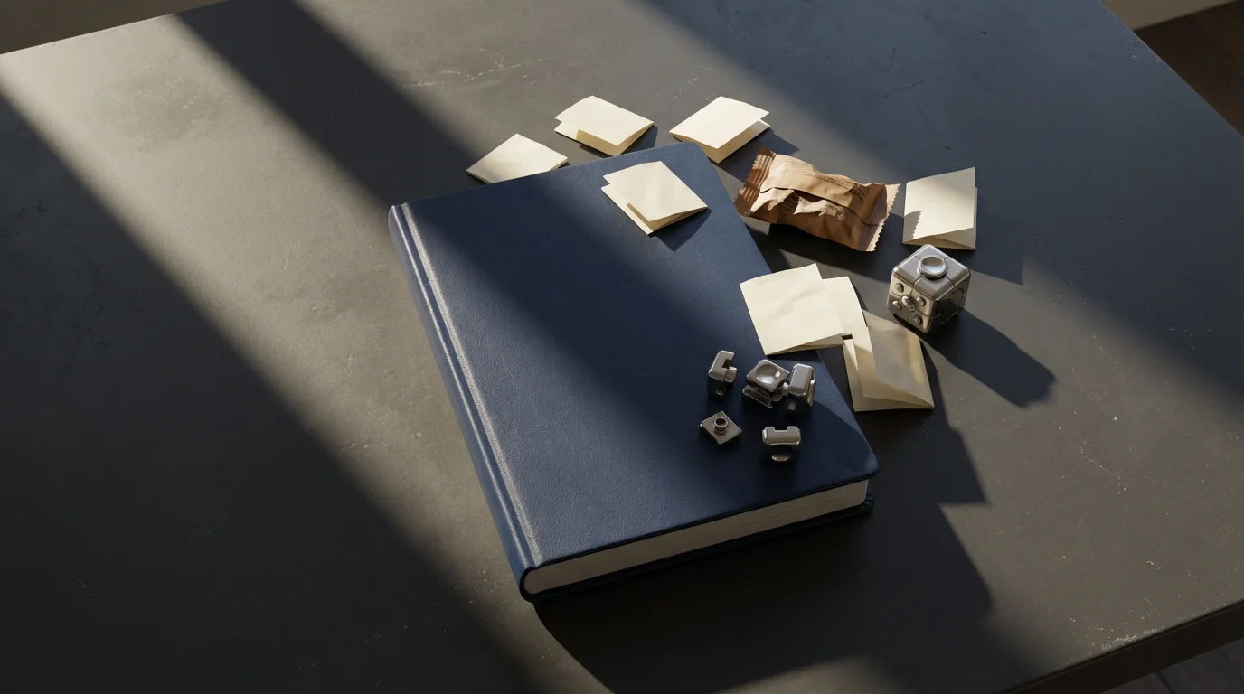 Flat lay of a blank, critical journal surrounded by distracting clutter under dramatic afternoon shadows.