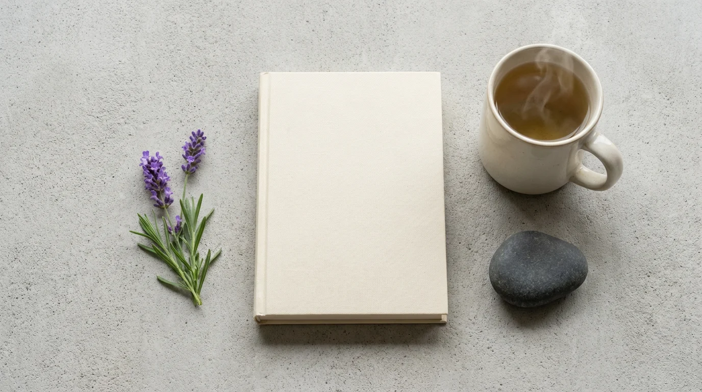 Flat lay of a book, ceramic mug of tea, and river stone representing restorative break hygiene.