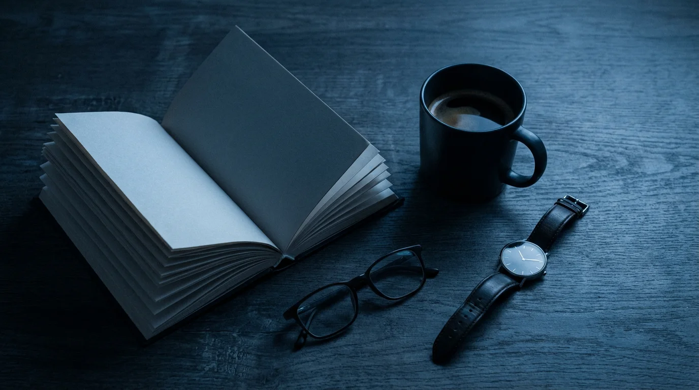 Flat lay of a book, ceramic mug, watch, and glasses under cool blue hour lighting.
