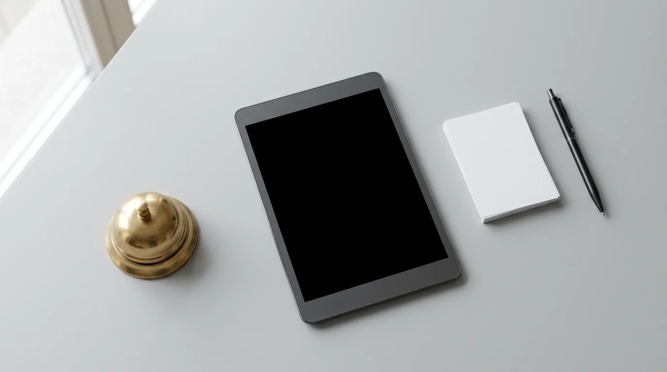 Flat lay of a brass desk bell, smartphone, and note cards symbolizing communication boundaries and emergency protocols.