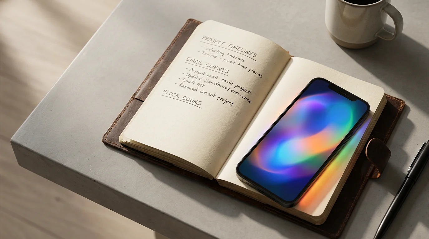 Flat lay of a bright, distracting smartphone screen resting diagonally over an open, focused notebook.