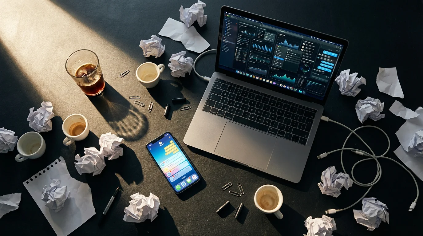 Flat lay of a chaotic desk with a laptop, phone, and crumpled notes, illustrating deadline panic.