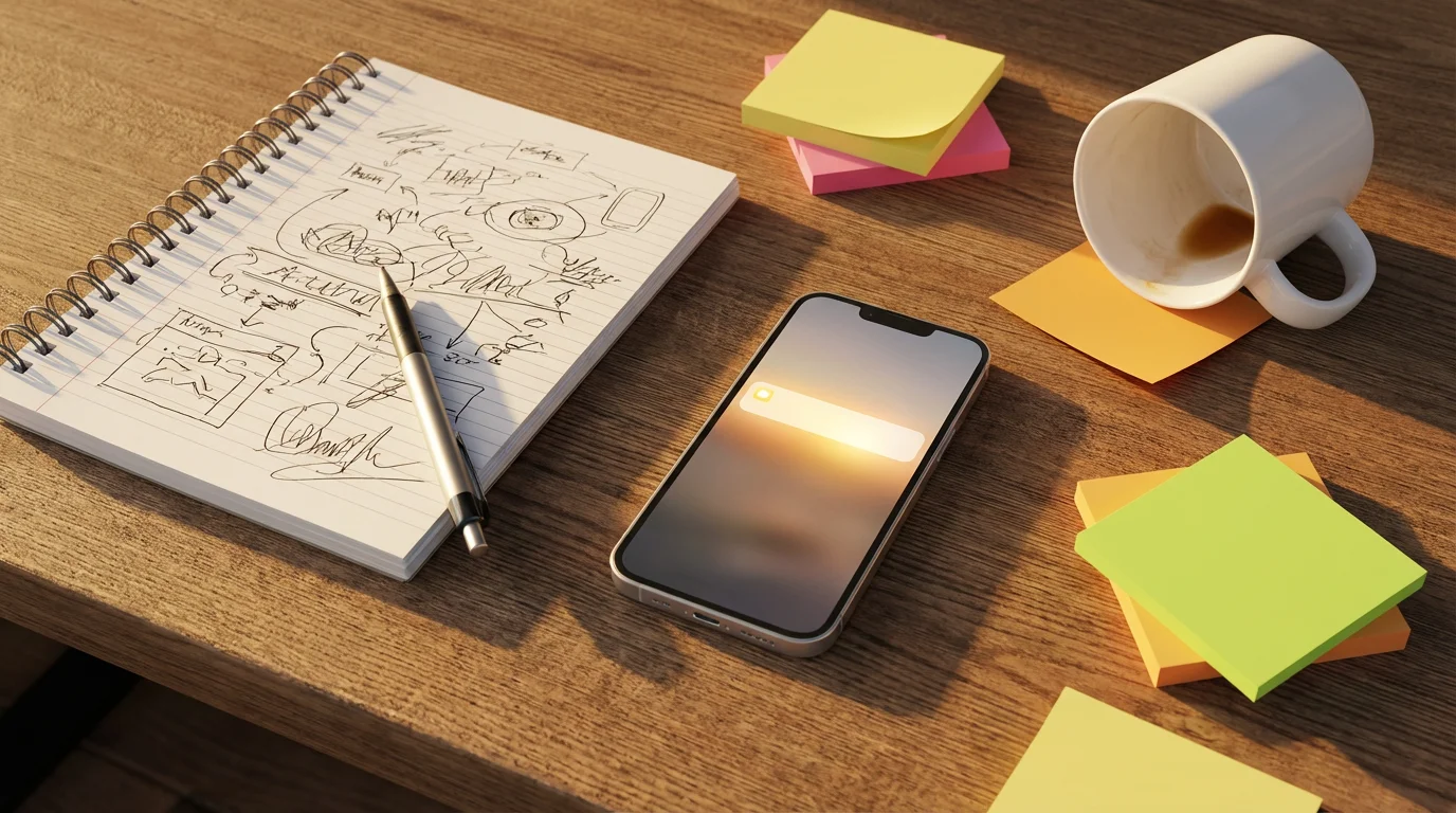 Flat lay of a chaotic wooden desk with scribbled notebook, smartphone, and scattered sticky notes under golden hour light.