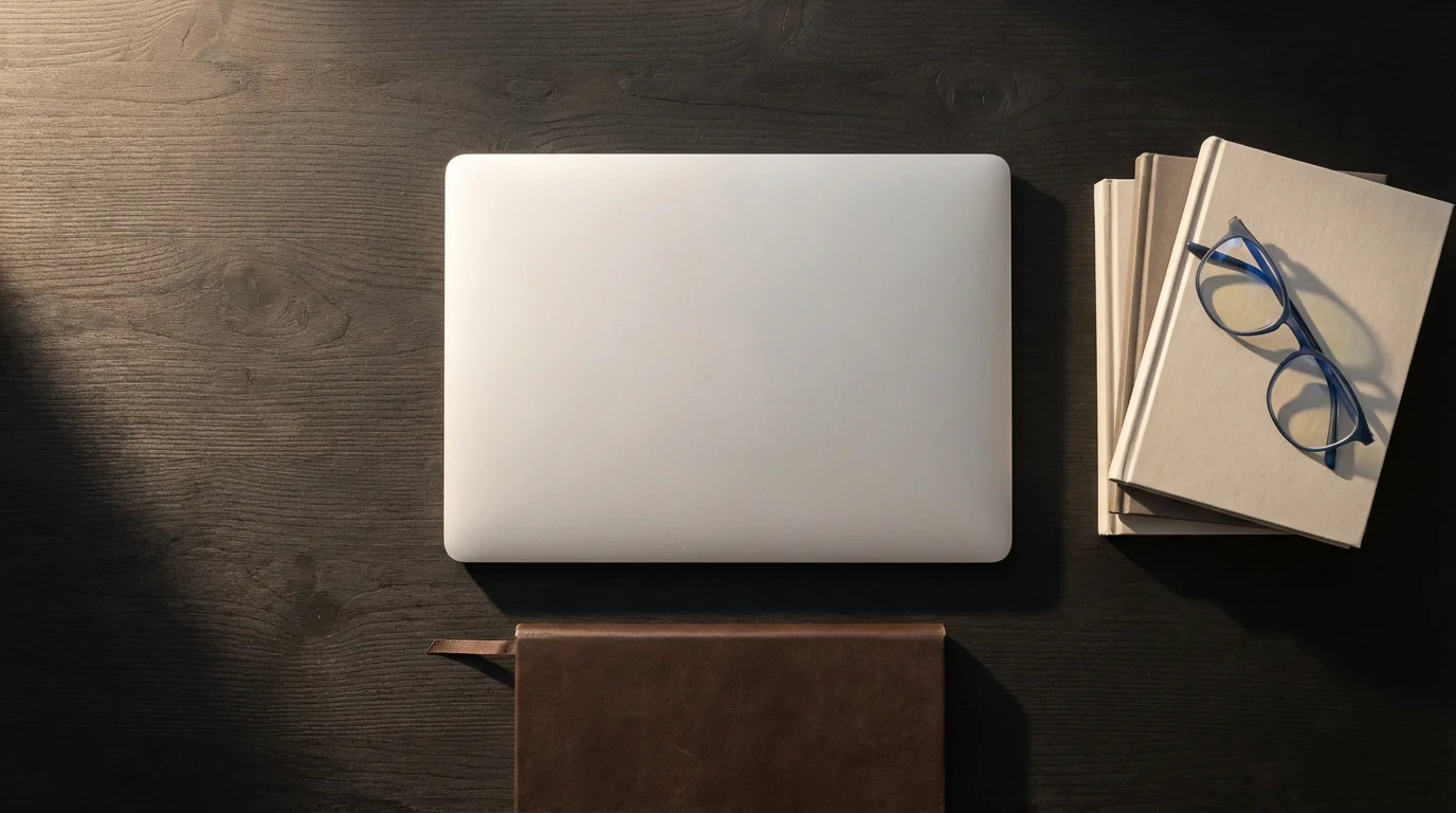 Flat lay of a closed laptop and journal on a dark desk with long, moody afternoon shadows.