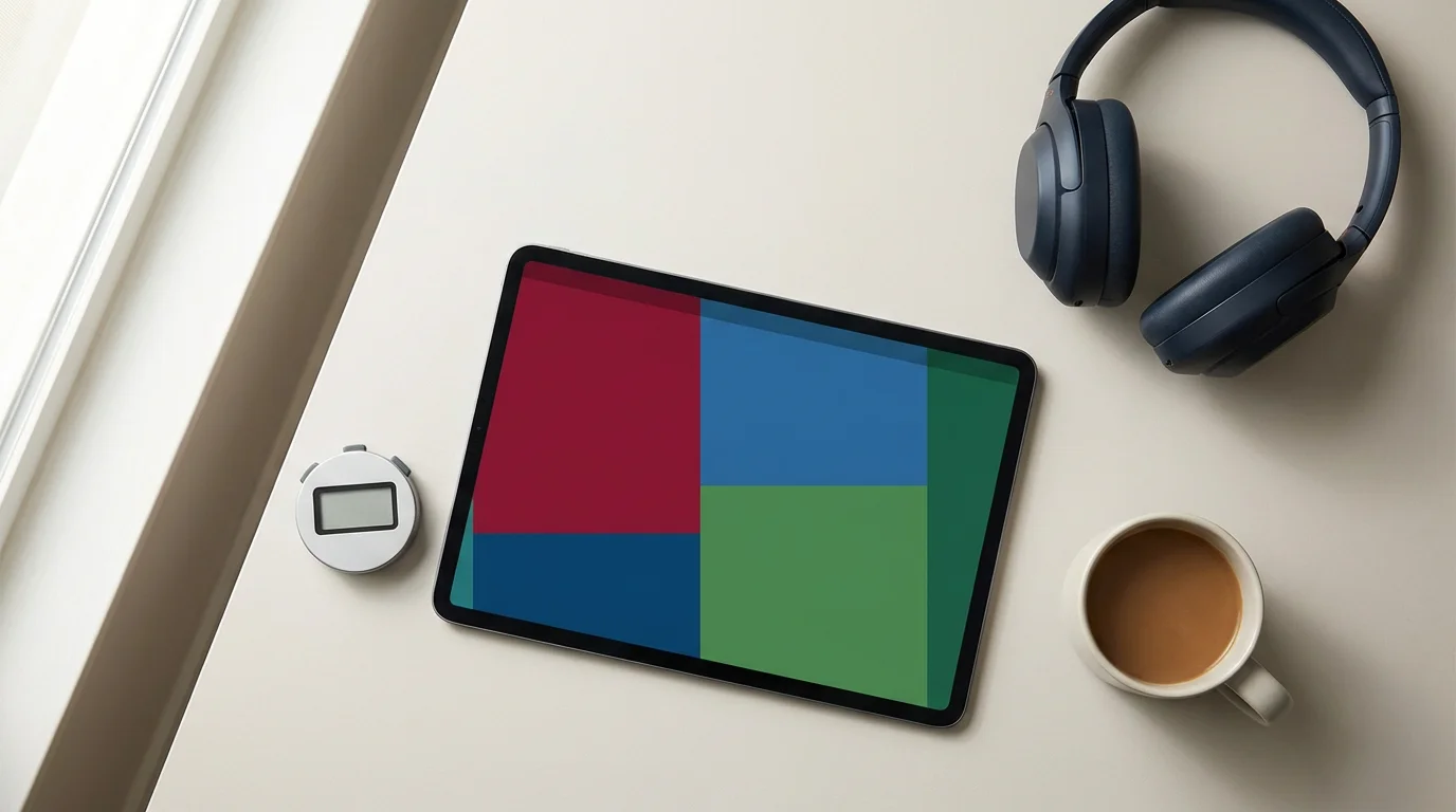 Flat lay of a color-coded time-blocking digital calendar on a tablet with stopwatch and headphones.