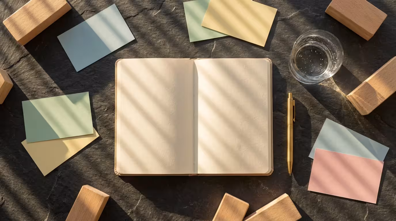 Flat lay of a dark desk with blank notebook and modular blocks in dramatic shadow.