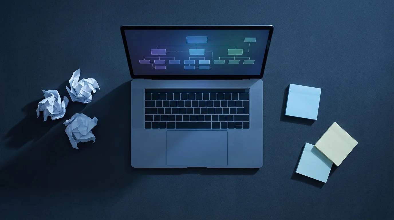 Flat lay of a deadline project desk during blue hour, showing organized digital structure.