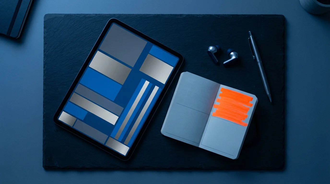 Flat lay of a desk at blue hour showing a tablet, a notebook with an aggressively blocked time slot, and noise-canceling earbuds.