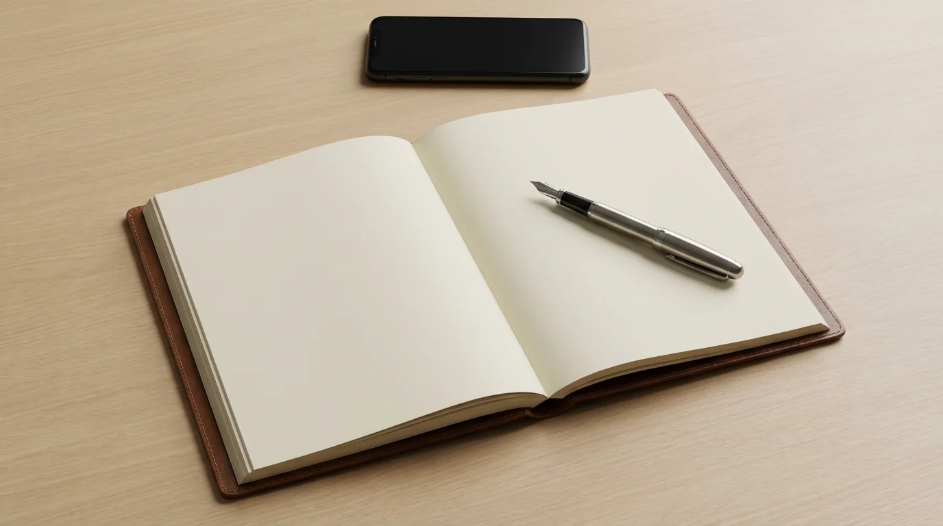 Flat lay of a desk showing an open journal, fountain pen, and a face-down smartphone, symbolizing focused single-tasking.