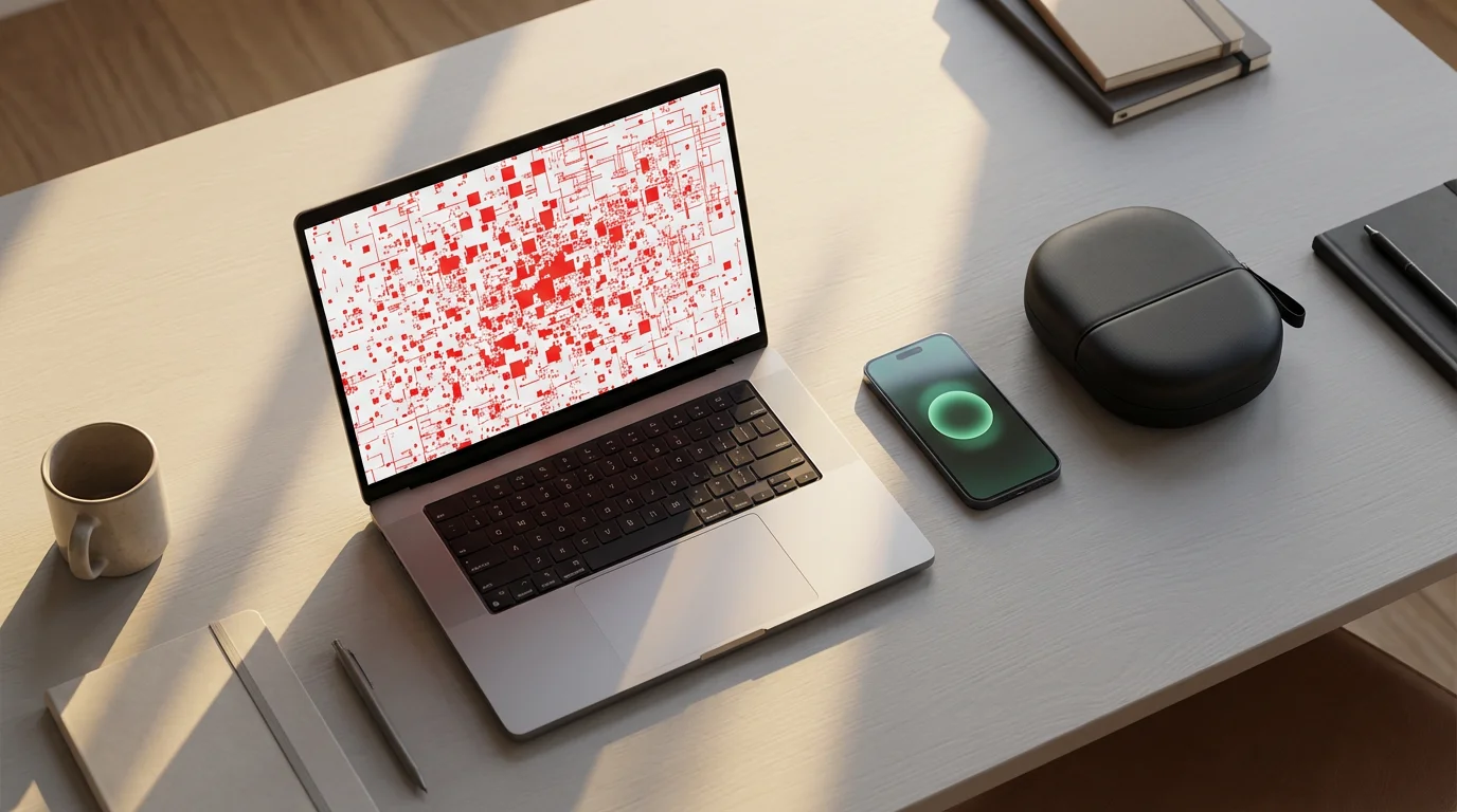 Flat lay of a desk showing chaotic email inbox on a laptop versus a clear instant message notification on a phone.