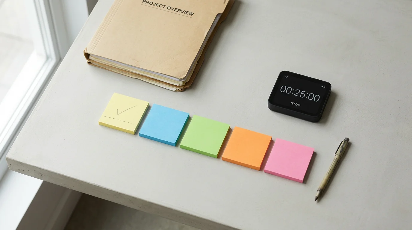 Flat lay of a desk showing color-coded sticky notes and a timer used for project chunking.