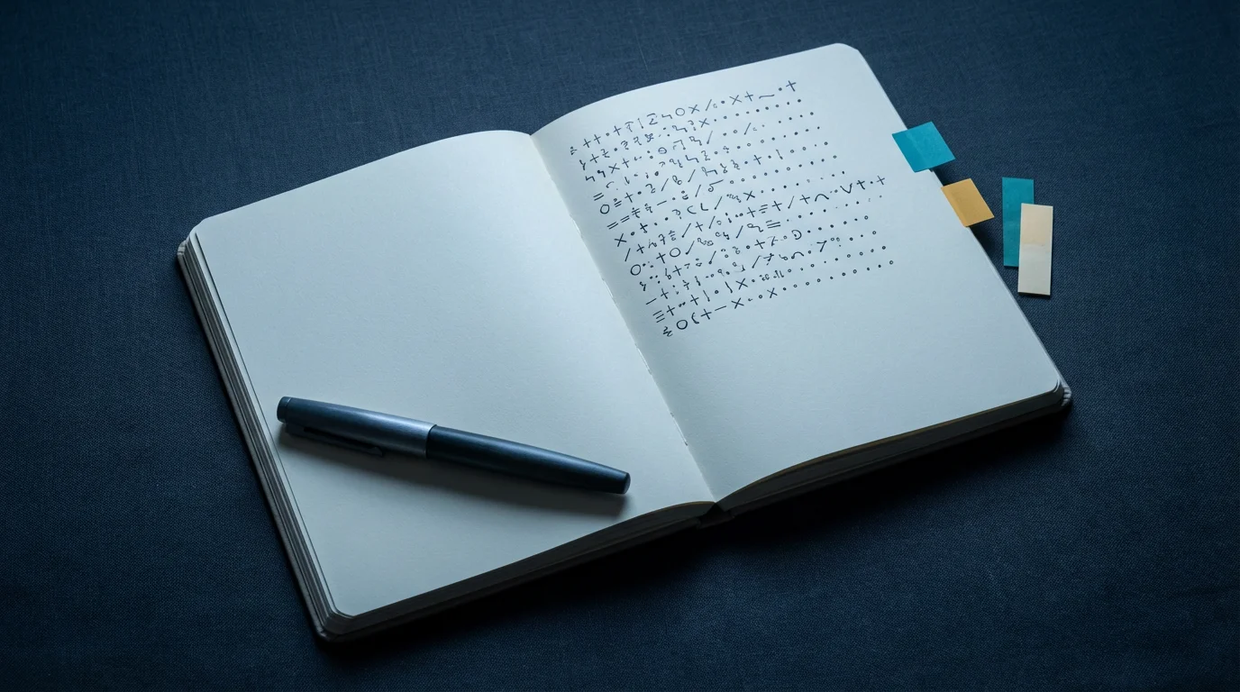 Flat lay of a habit tracking journal, dark pen, and colored index tabs under cool blue hour light.