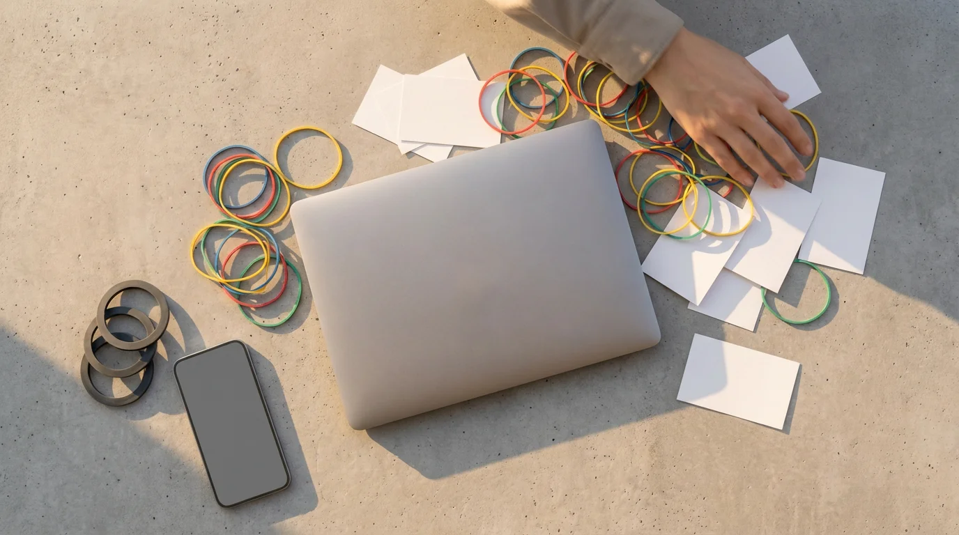 Flat lay of a hand clearing cluttered rubber bands and index cards away from a laptop and smartphone.