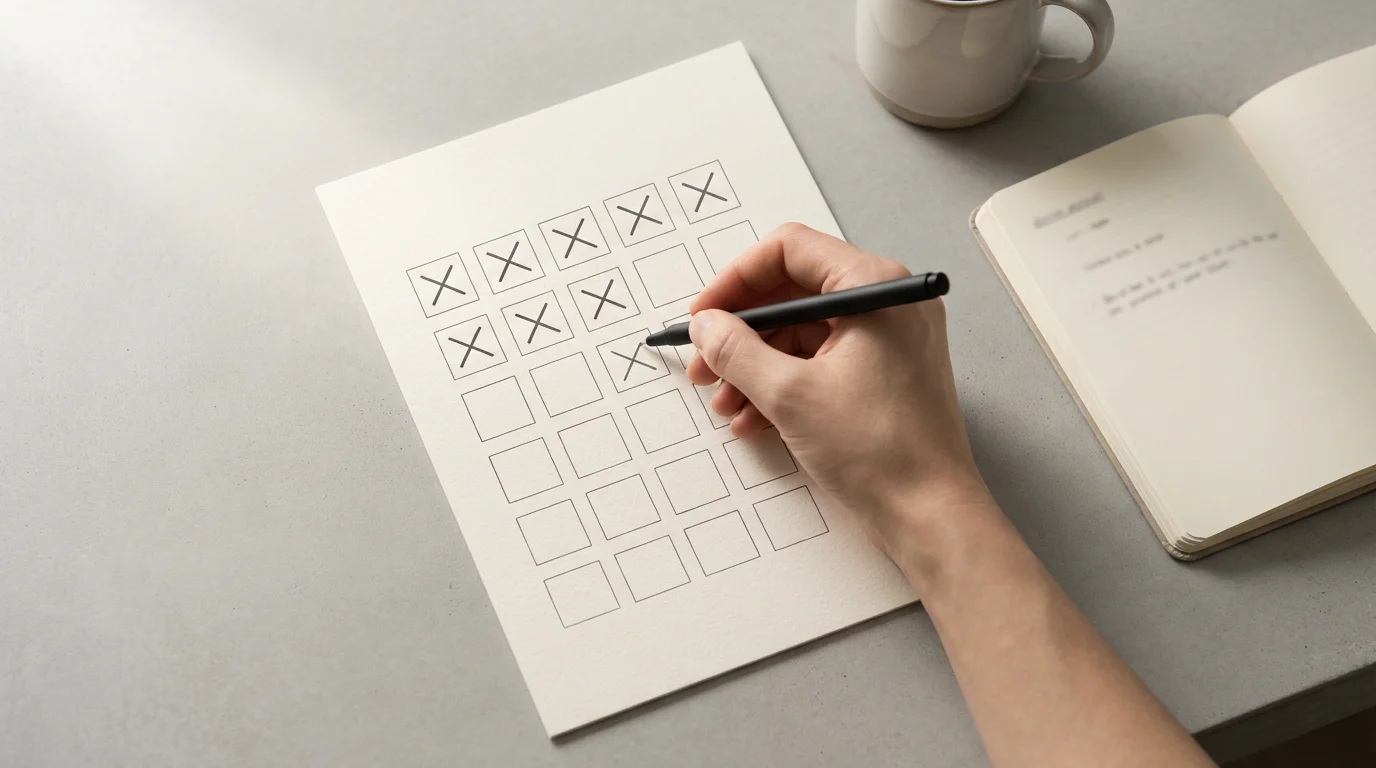Flat lay of a hand marking a daily success on a minimalist journaling habit tracker.