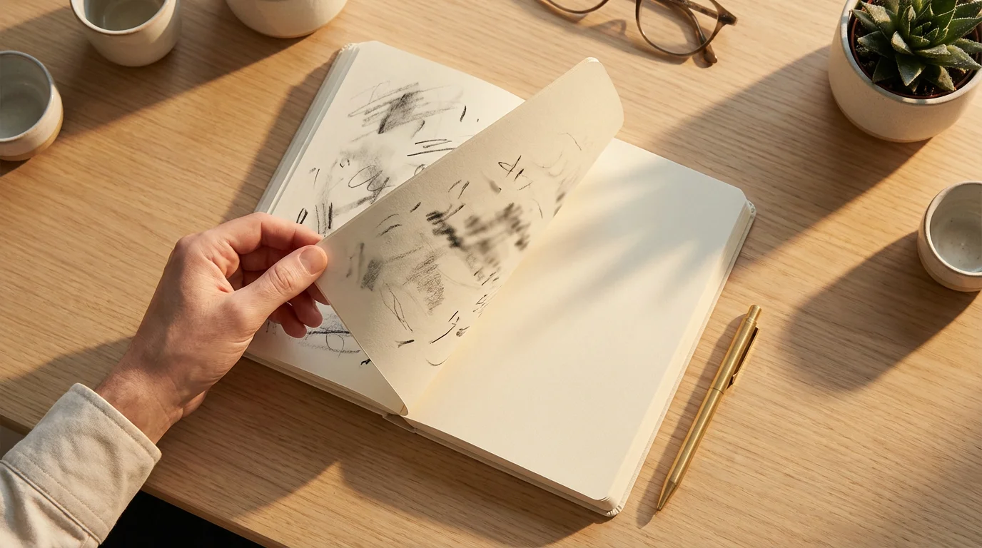 Flat lay of a hand turning a page in a high-quality journal, symbolizing resetting and fresh start.