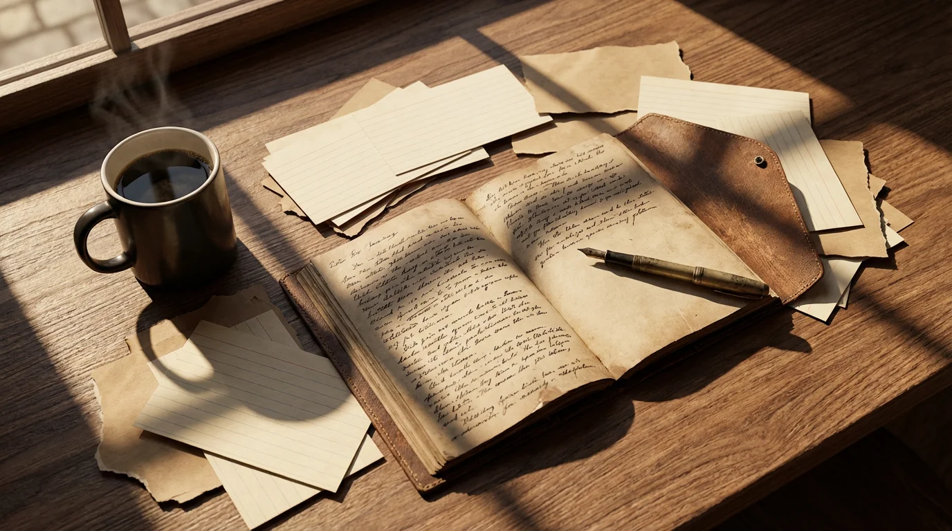 Flat lay of a journal and scattered notes on a wooden desk in dramatic lighting.