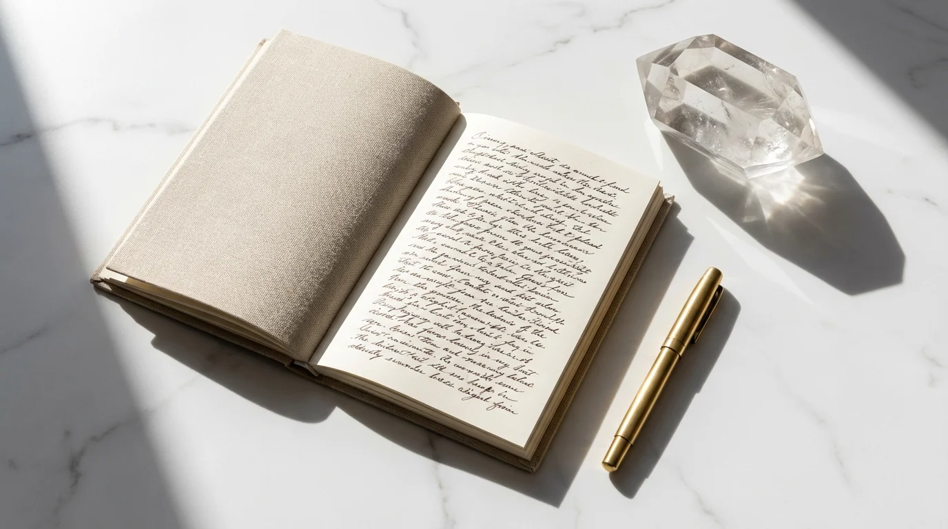 Flat lay of a journal, fountain pen, and clear quartz crystal representing goal setting.