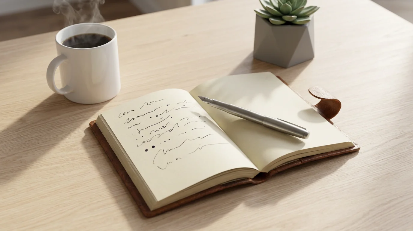 Flat lay of a journal, pen, and coffee mug, symbolizing the three parts of the habit loop.