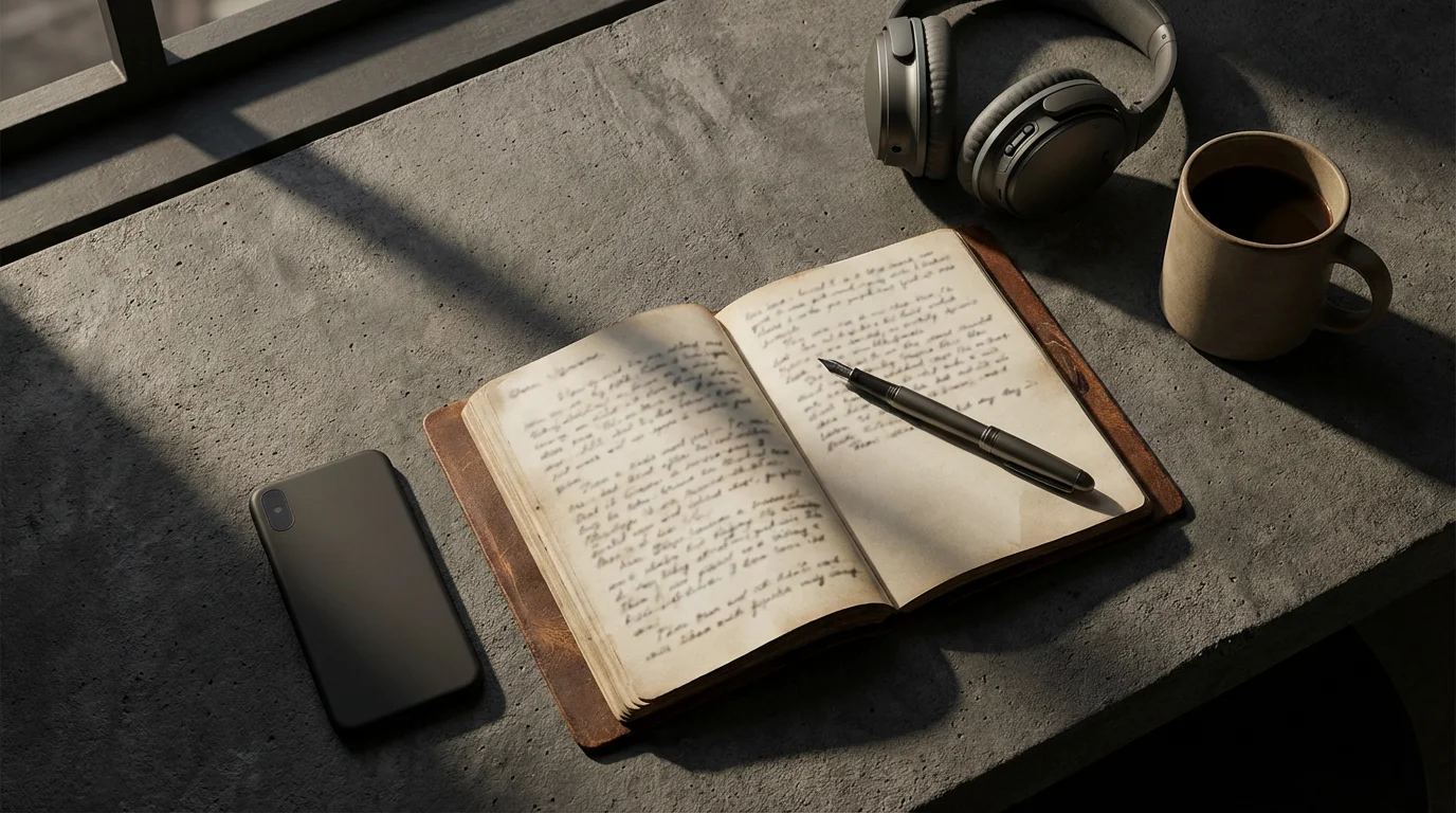 Flat lay of a journal, pen, headphones, and a face-down phone for a planned digital detox weekend.