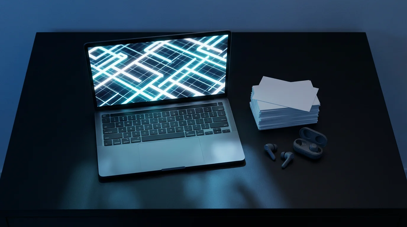 Flat lay of a laptop, abstract code display, and a stack of index cards representing daily habit growth.