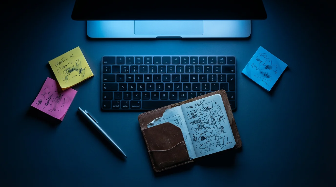 Flat lay of a laptop, scattered sticky notes, and a notebook on a dark desk under blue hour light.