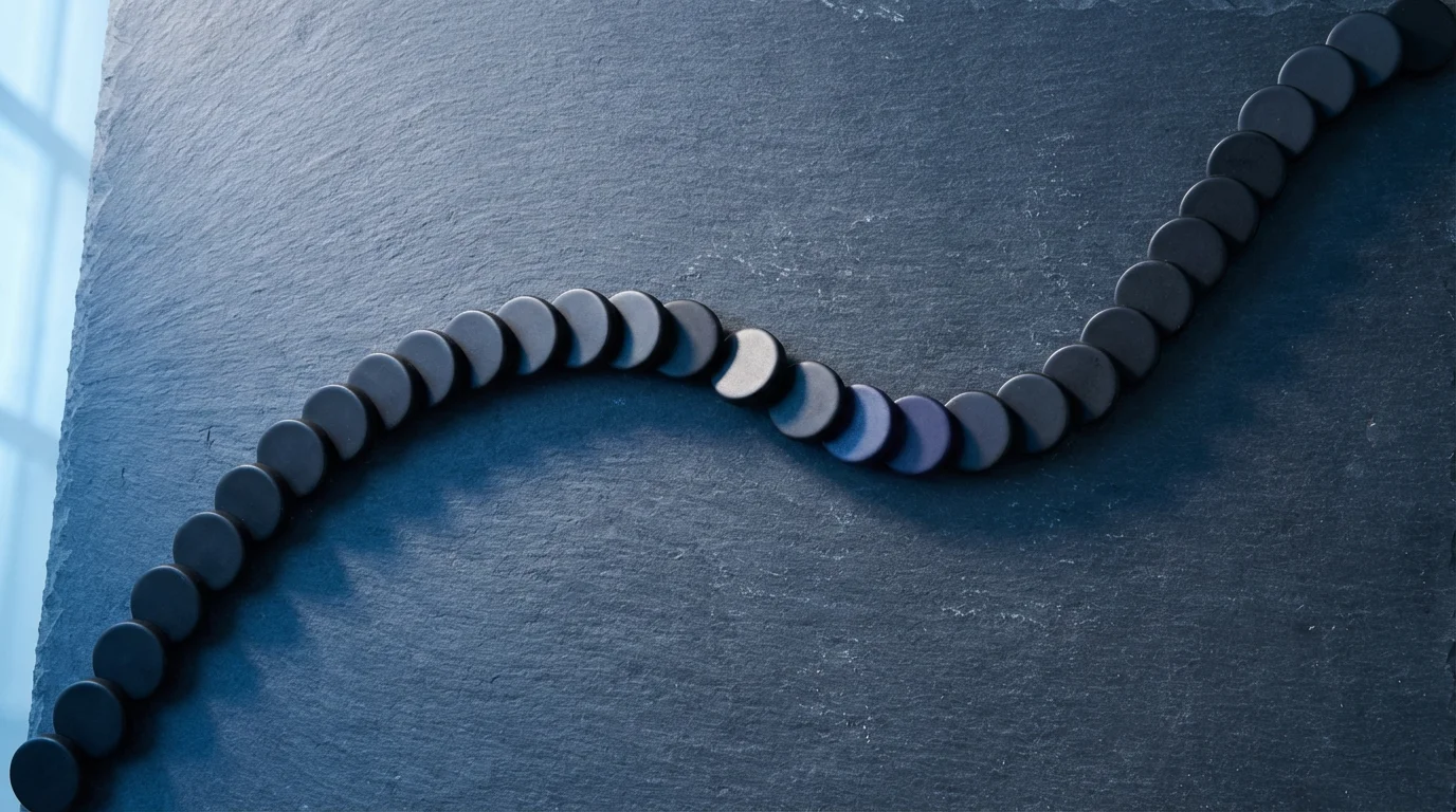 Flat lay of a long sequence of dark ceramic tokens representing the prolonged timeline of habit consistency.