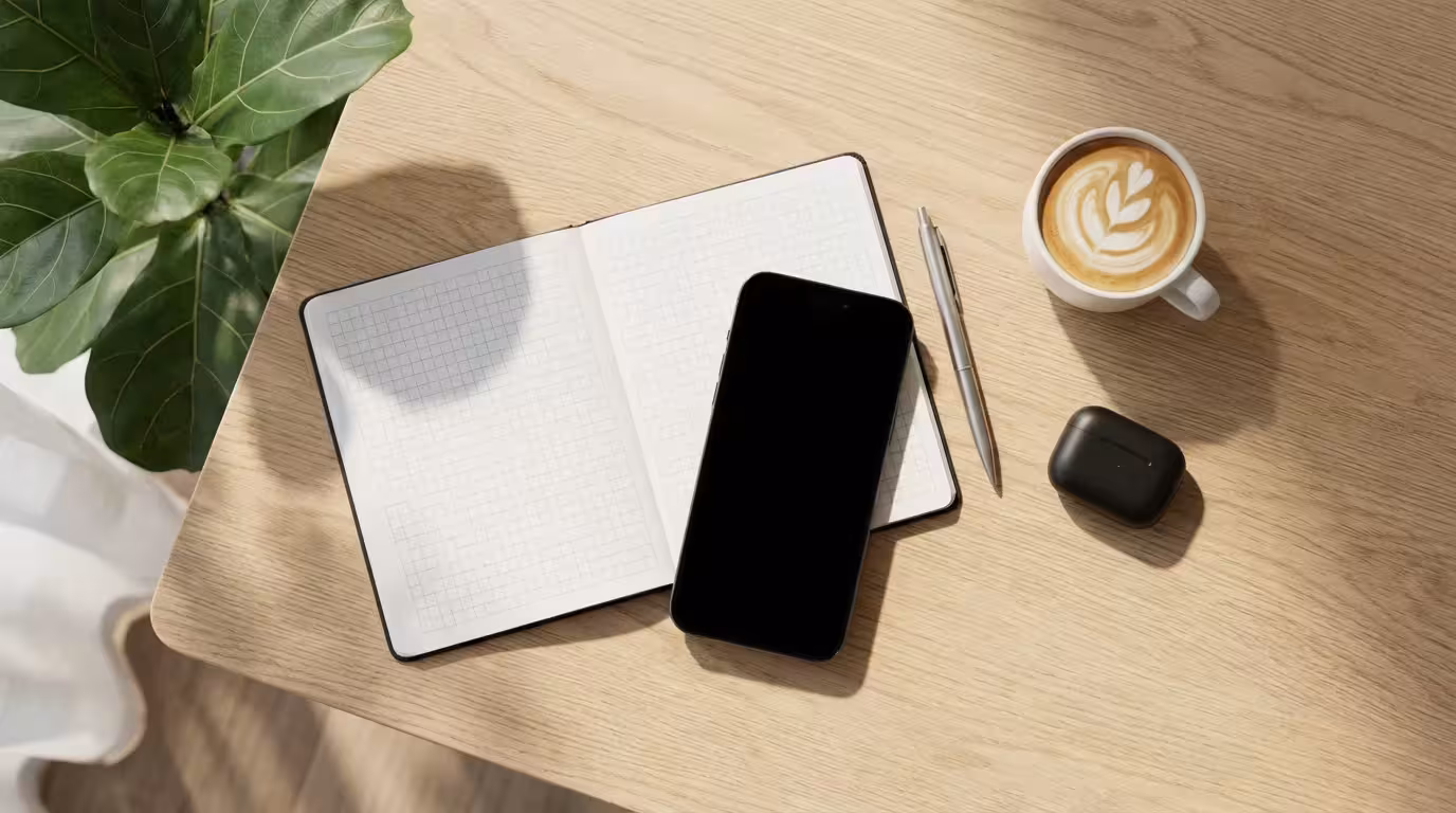 Flat lay of a modern desk with phone, planner, and coffee in morning light.