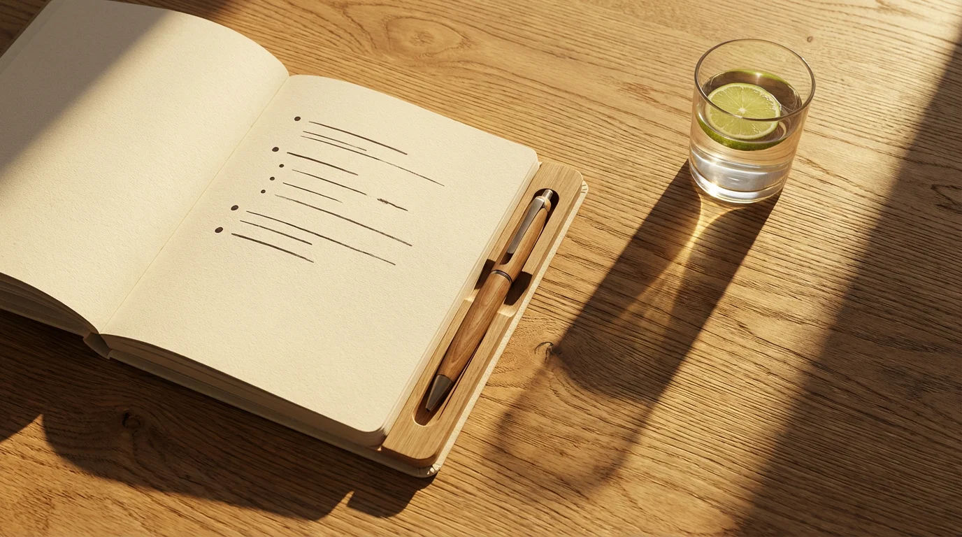 Flat lay of a neat desk with notebook and pen illuminated by warm sunlight.