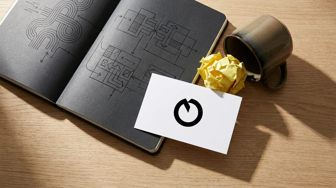 Flat lay of a notebook and crumpled paper, showing an index card with a simple symbol for mental reset.