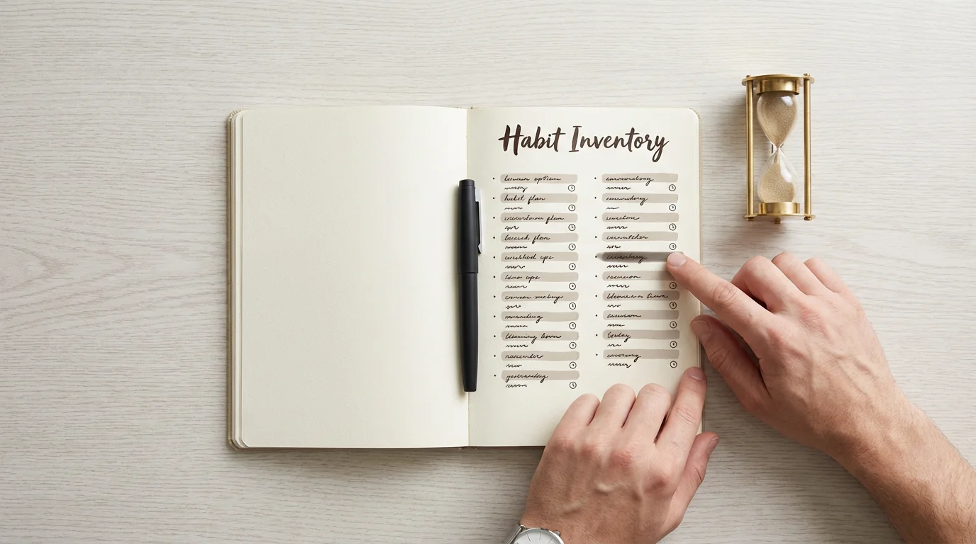 Flat lay of a notebook, pen, and hourglass used to track small, consistent habits.