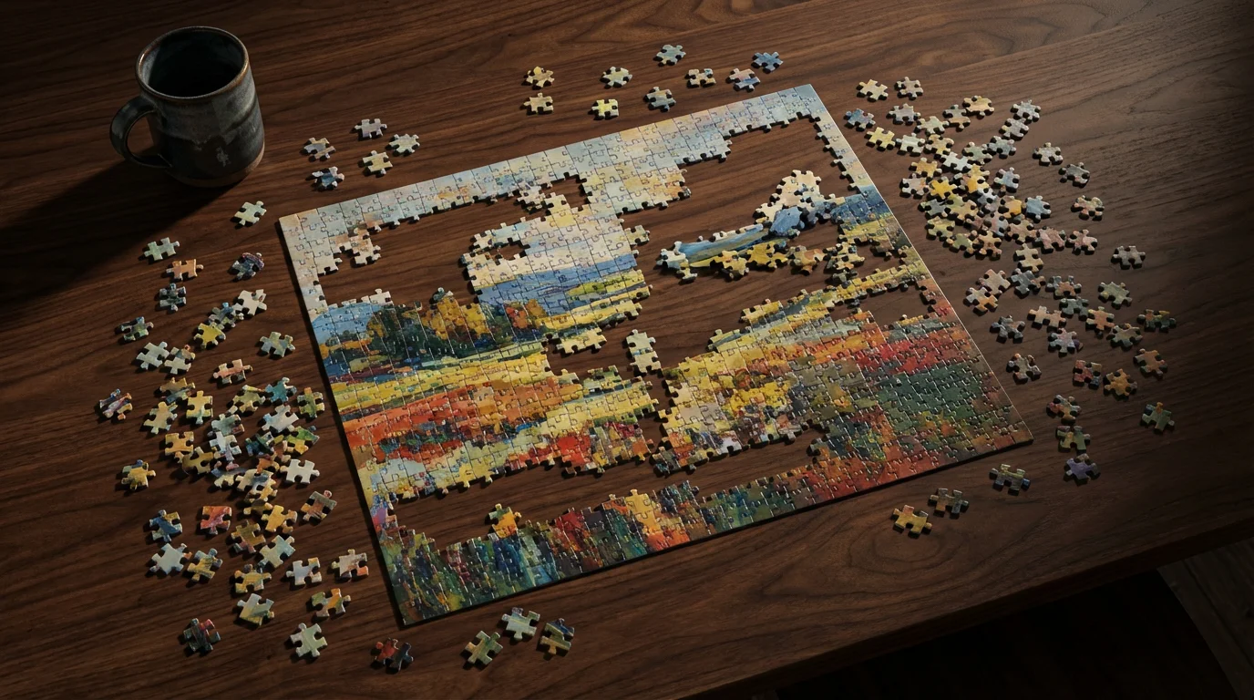 Flat lay of a partially finished jigsaw puzzle on a wooden table with dramatic shadows.