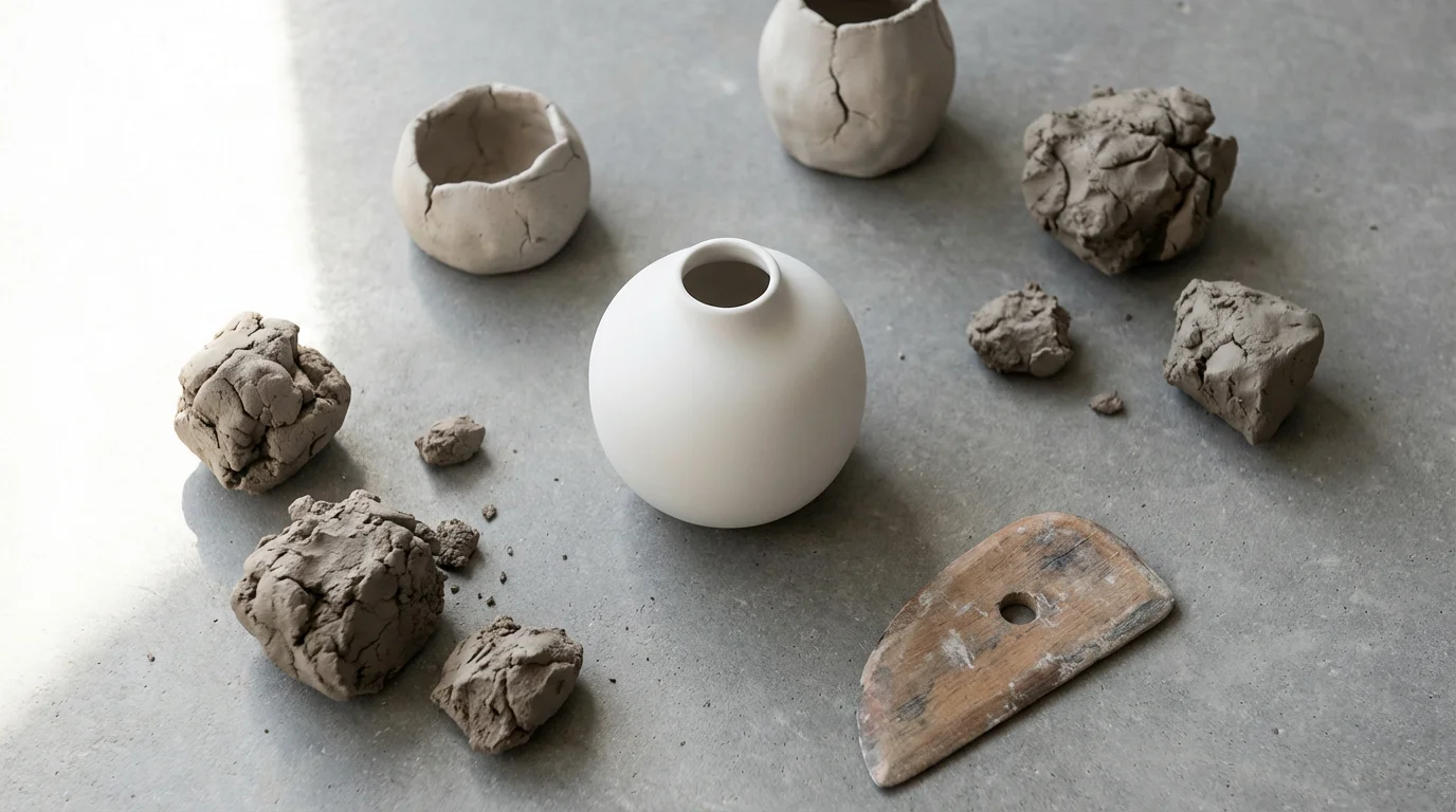 Flat lay of a perfect matte white ceramic vase surrounded by lumps of rough, cracked raw clay.